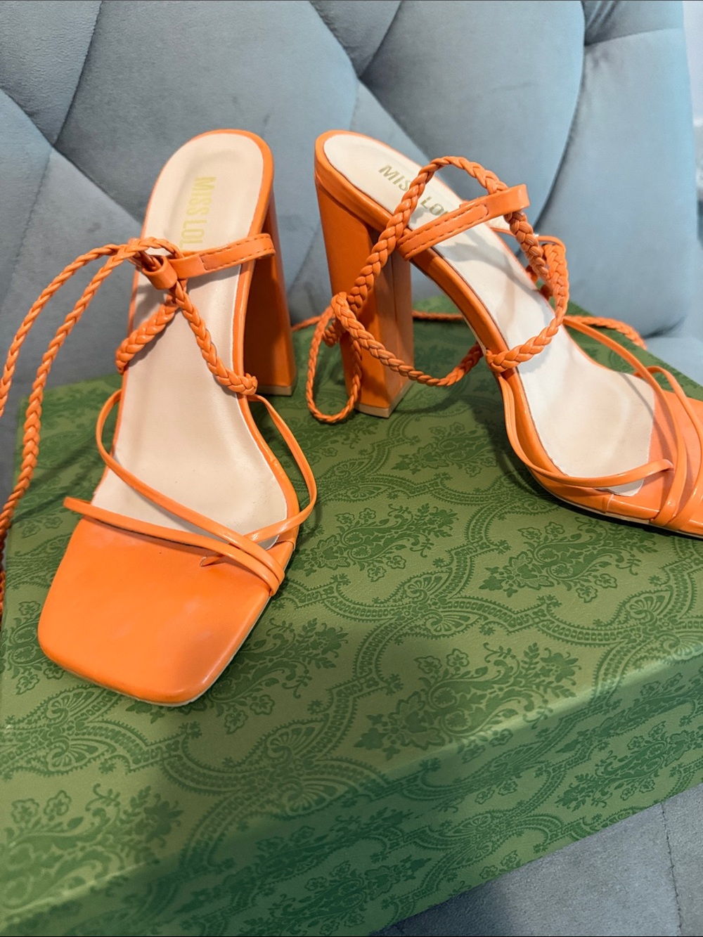 Miss Lola Orange Braided-Strap Block Heel Sandals
